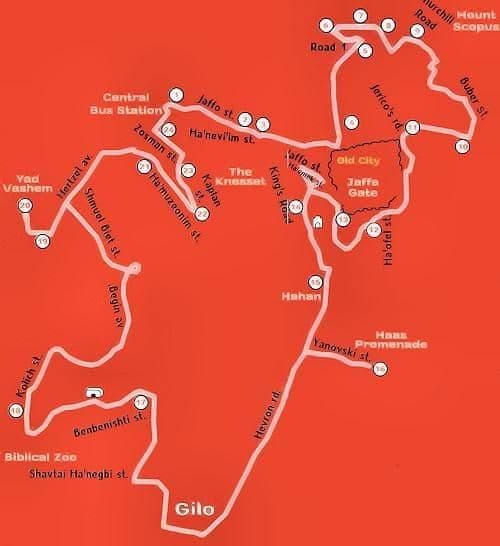 Jerusalem Hop On Hop Off bus tours map